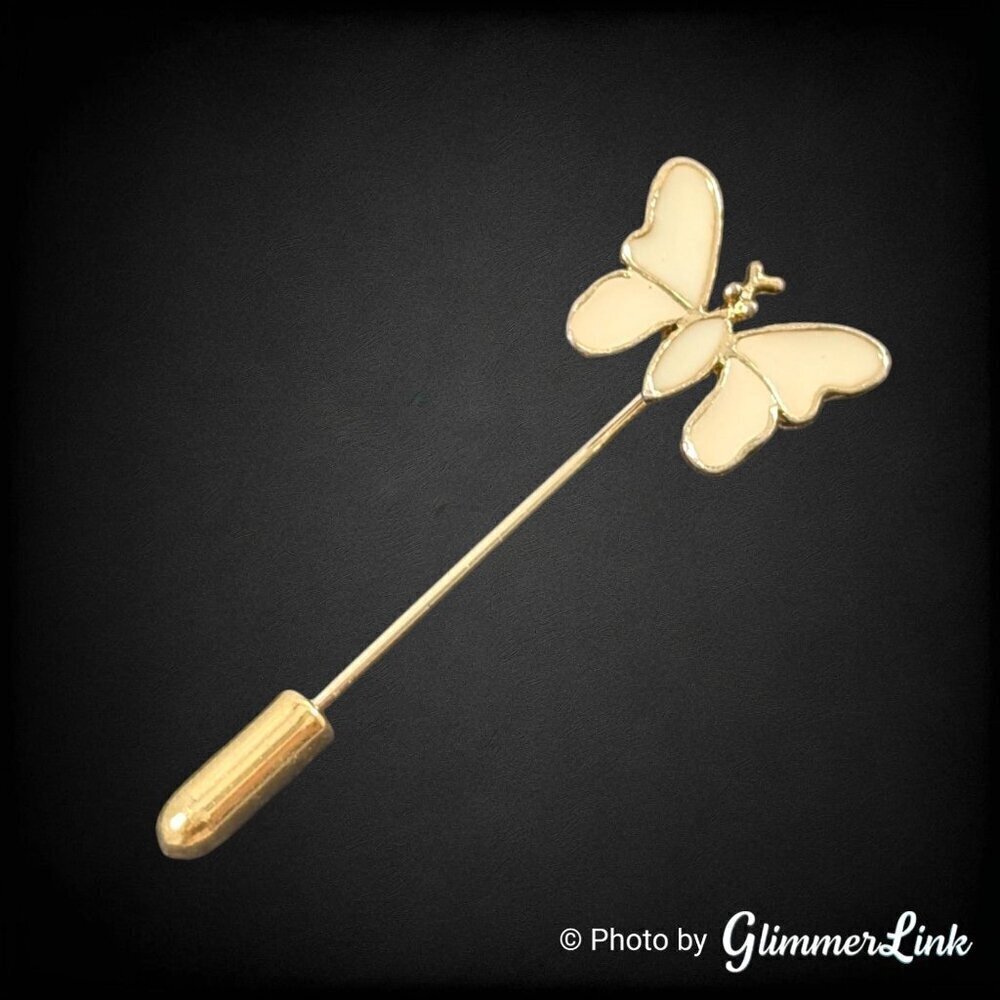 Vintage Cream Enamel Butterfly Gold Tone Stick Pin